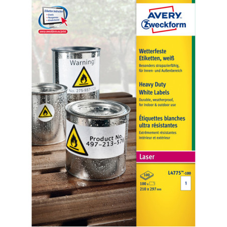 Poliestere adesivo L4775 bianco 100fg A4 210x297mm (1et/fg) laser Avery