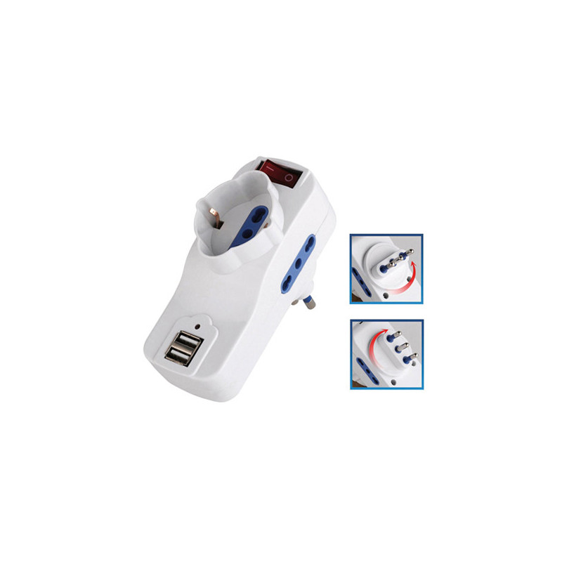 ADATTATORE ROTANTE 2 PRESE BIPASSO 2P+T 10/16 A+ 1 Schuko+2 PRESE USB MELCHIONI