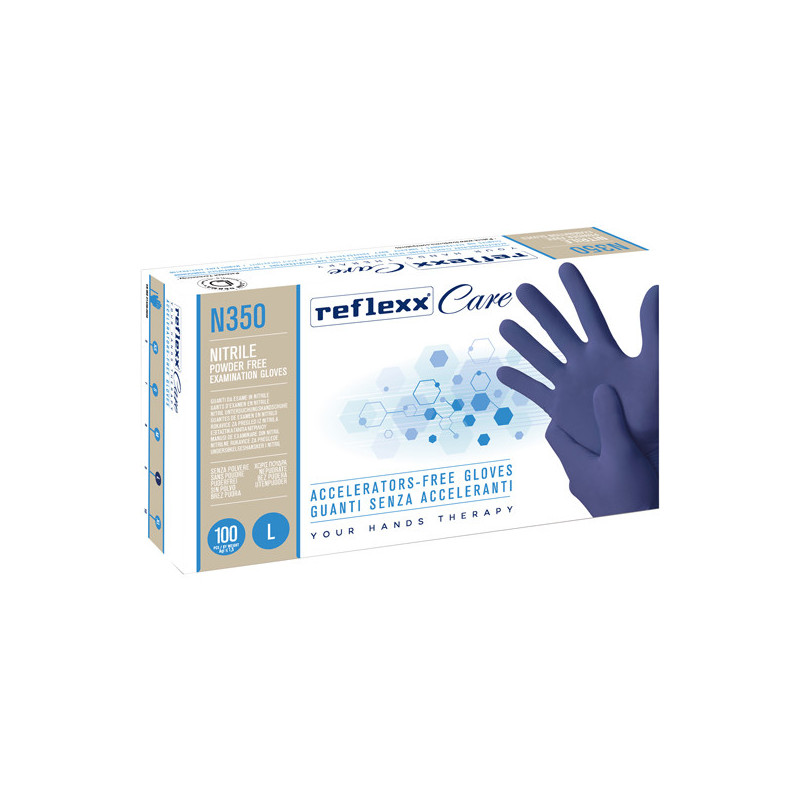 Conf 100 guanti nitrile ipoallergenici N350 s/acceleranti taglia L blu Reflexx