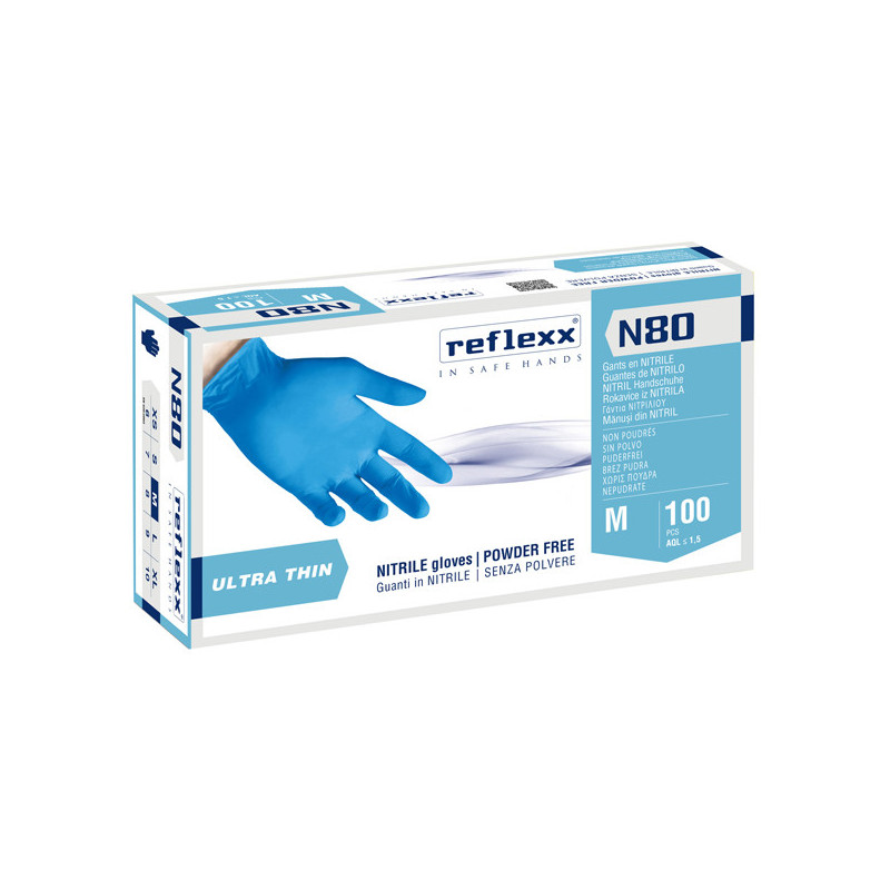 Conf 100 Guanti in nitrile ultrasottili N80B taglia M azzurro Reflexx