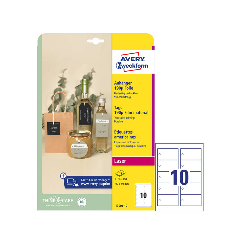 Cartellini stampabili resistenti 190æ 90x50mm 10fg(10cart/fg) bianco Avery