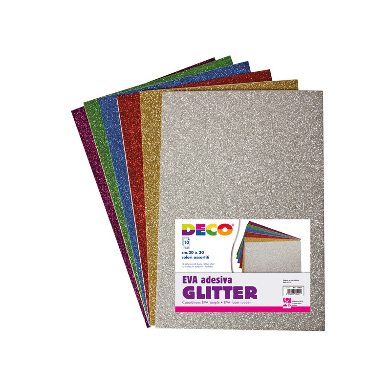 Busta 10 fogli 20x30cm Gomma Crepp Glitter adesiva colori assortiti DECO