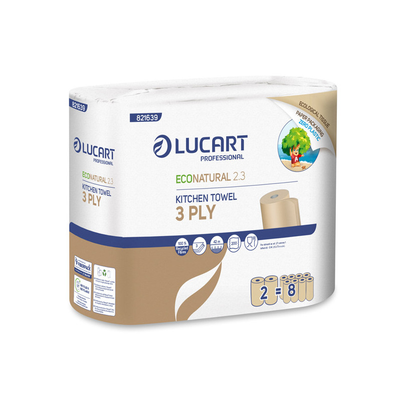 Pacco 2 rotoli Asciugatutto 200 strappi EcoNatural 2.3 Lucart Plastic Free