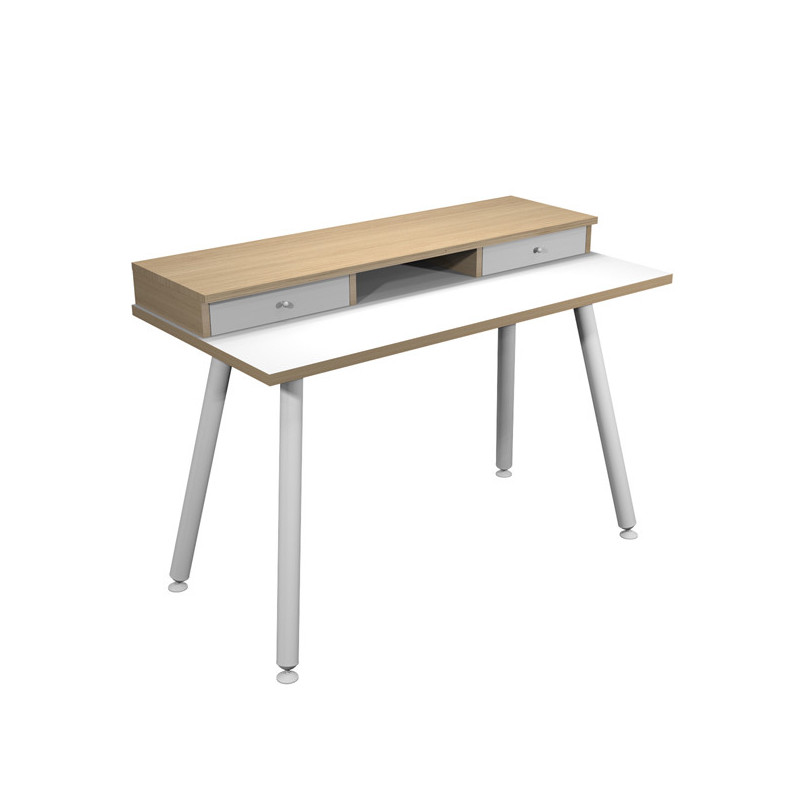 Postazione Home-Office con sopralzo 120x60xH74,4cm gambe metallo Bianco/Rovere