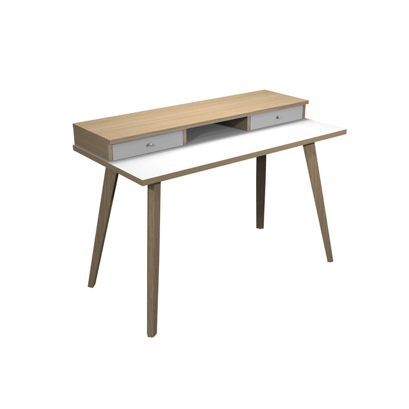 Postazione Home-Office con sopralzo 120x60xH74,4cm gambe legno Bianco/Rovere