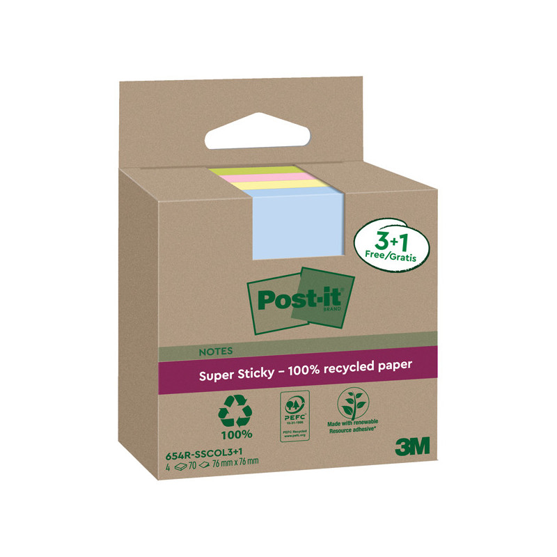 Cf. 3+1pz blocco 70fg Post-it©SuperSticky Green 76x76mm 654R-SSCOL3+1 pastello