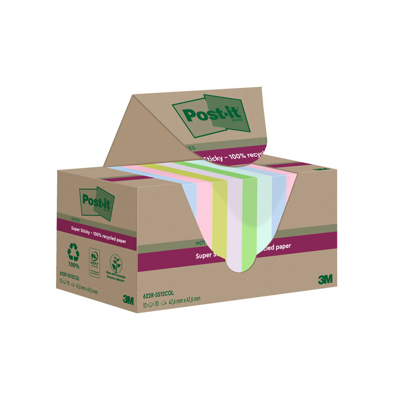 Cf 12pz blocco 70fg Post-it©SuperSticky Green 47,6x47x6mm 622R-SS12COL pastello