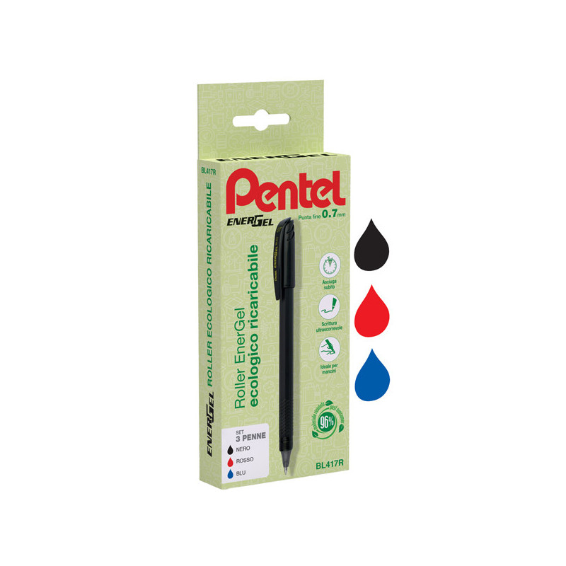 Astuccio 3 roller Energel Recycology 96 punta 0,7mm nero/rosso/blu Pentel