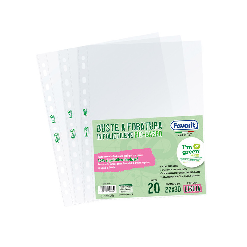 Conf 20 buste forate22X30 PE I'm green Bio-Based liscio superior Favorit