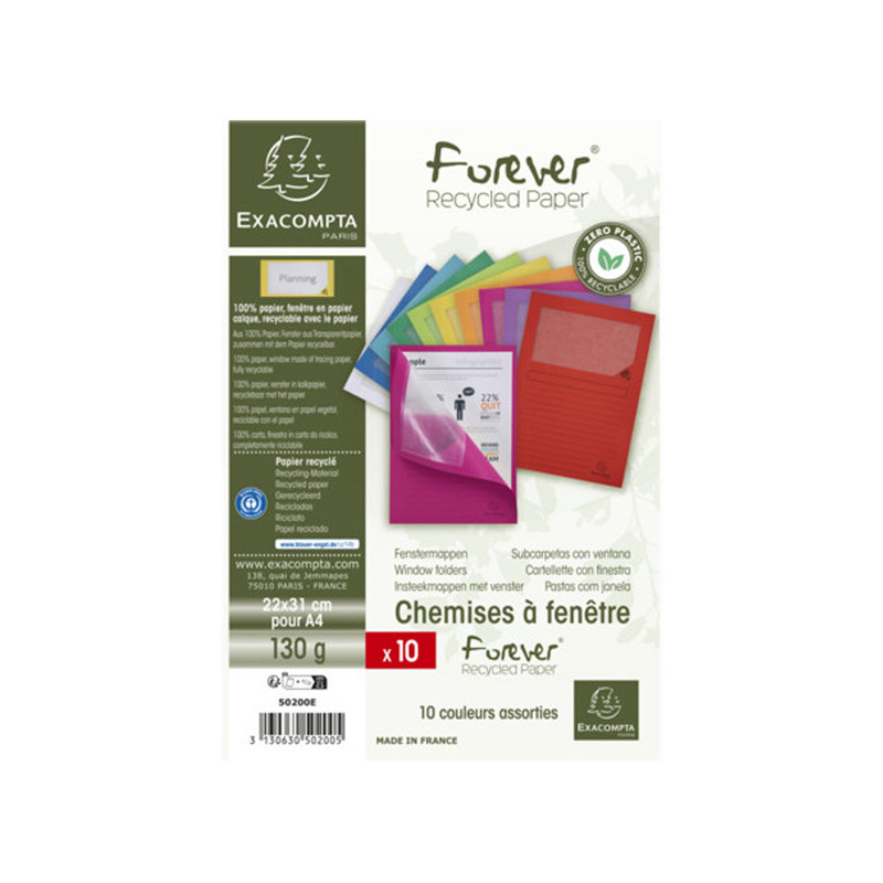 Conf.10 cartelle con finestra Forever 22X31cm Colori assortiti 50200E Exacompt