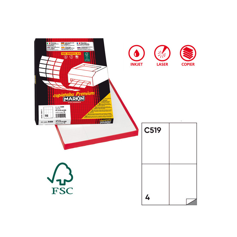 Etichetta adesiva C/519 bianca 100fg A4 105x148,5mm (4et/fg) Markin