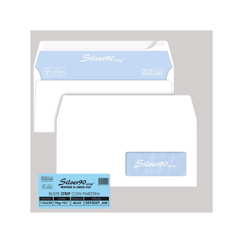 25 buste SILVER90 STRIP FSC© bianca internografata c/finestra110x230mm90gr Pigna