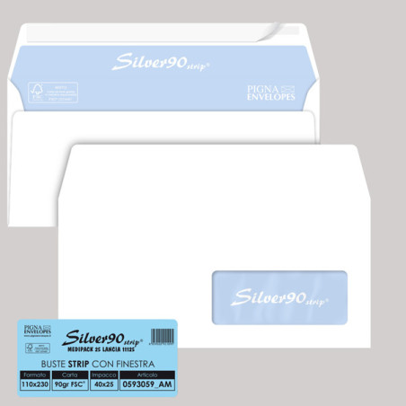 25 buste SILVER90 STRIP FSC© bianca internografata c/finestra110x230mm90gr Pigna