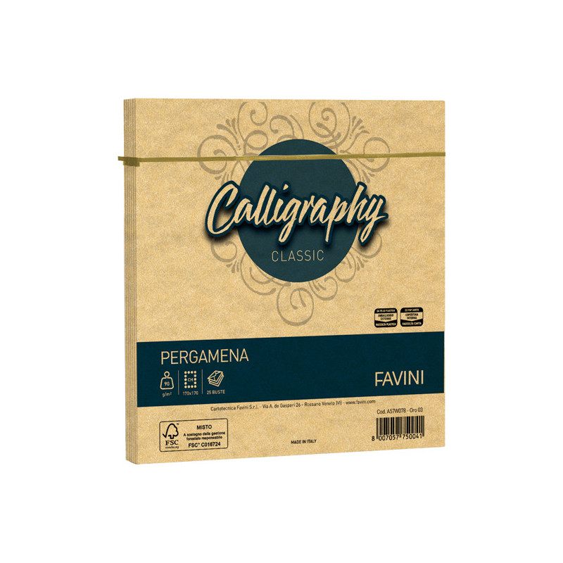 25 buste Calligraphy Pergamena 170x170mm 90gr oro 03 Favini