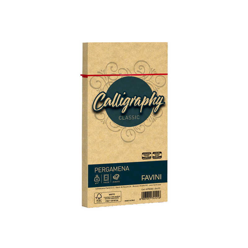 25 buste CALLIGRAPHY PERGAMENA 110x220mm 90gr oro FAVINI