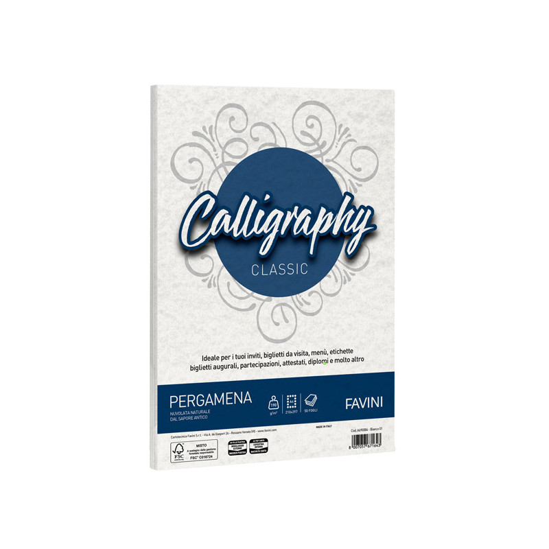 Carta CALLIGRAPHY PERGAMENA 190gr A4 50fg bianco 01 FAVINI