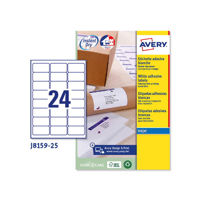 Etichetta adesiva J8159 bianca 25fg A4 63,5x33,9mm (24et/fg) inkjet Avery