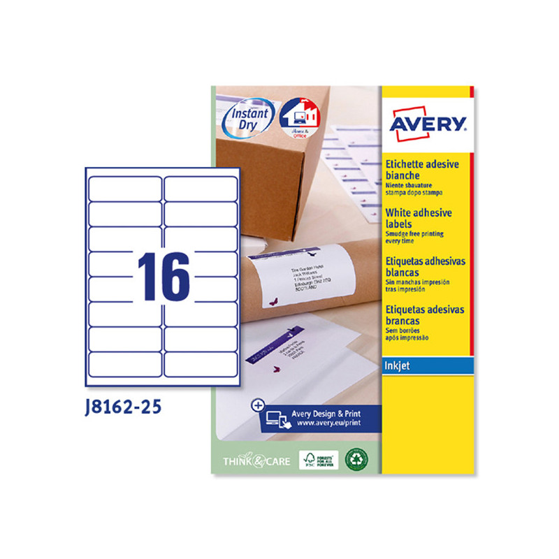 Etichetta adesiva J8162 bianca 25fg A4 99,1x33,9mm (16et/fg) inkjet Avery