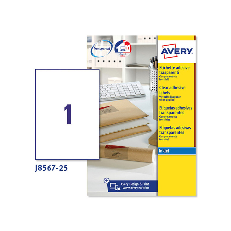 Poliestere adesivo J8567 trasparente 25fg A4 210x297mm (1et/fg) inkjet Avery