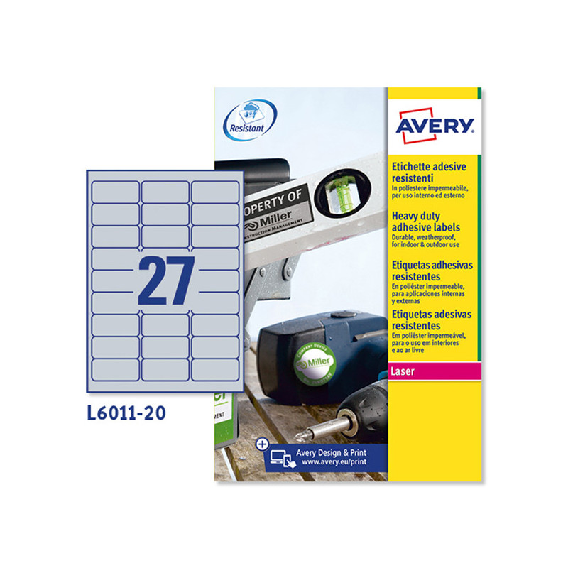 Poliestere adesivo L6011 argento 20fg A4 63,5x29,6mm (27et/fg) laser Avery