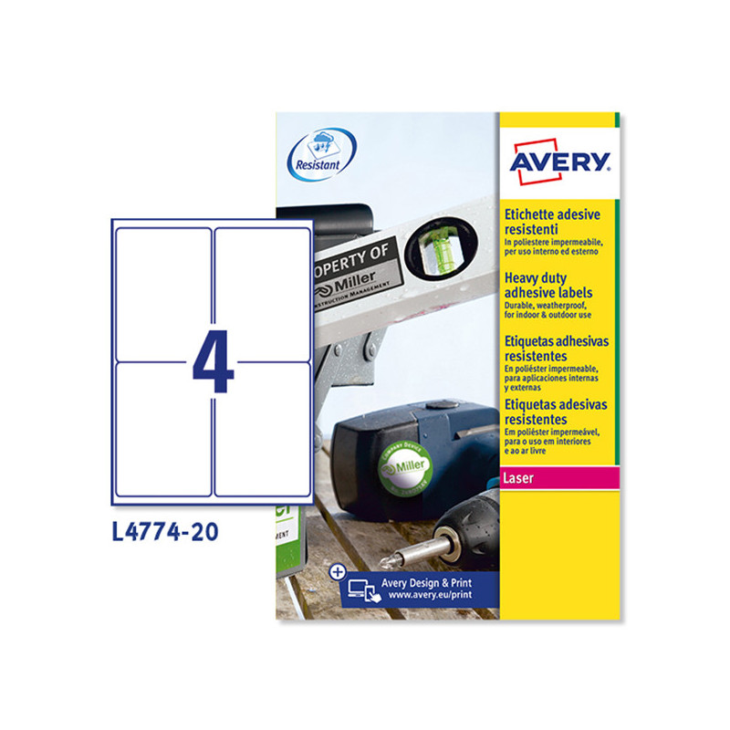 Poliestere adesivo L4774 bianco 20fg A4 99,1x139mm (4et/fg) laser Avery