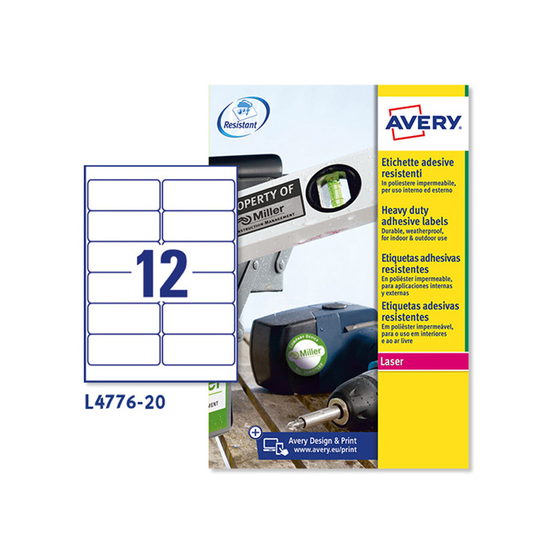 Poliestere adesivo L4776 bianco 20fg A4 99,1x42,3mm (12et/fg) laser Avery