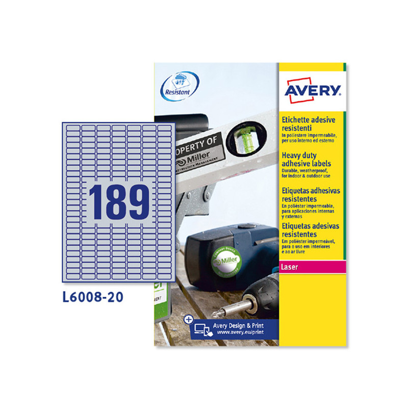 Poliestere adesivo L6008 argento 20fg A4 25,4x10mm (189et/fg) laser Avery