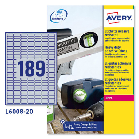 Poliestere adesivo L6008 argento 20fg A4 25,4x10mm (189et/fg) laser Avery