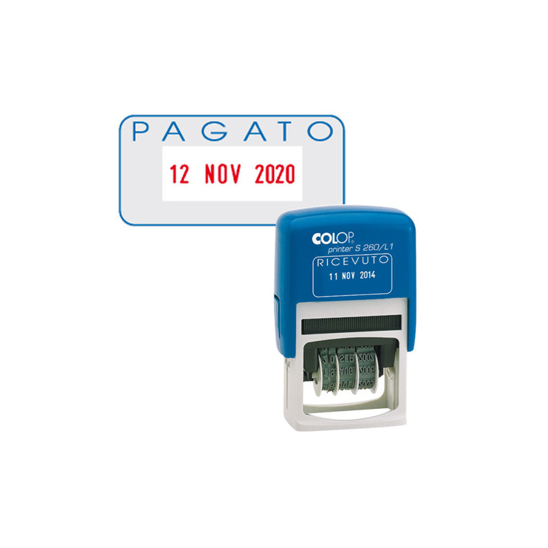 Timbro S260/L2 DATARIO + PAGATO 4mm autoinchiostrante COLOP