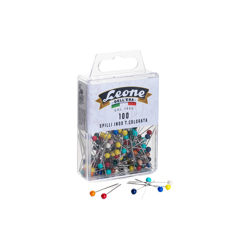 100 spilli in acciaio inox con testa di plastica colorata Leone