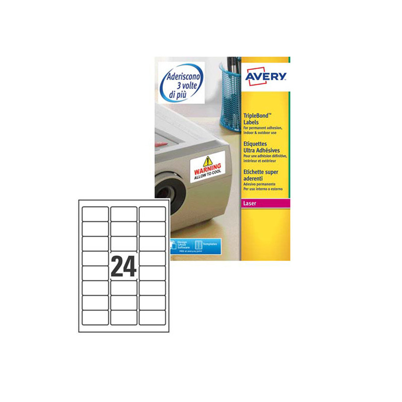 Poliestere adesivo extra L6141 bianco 20fg A4 63,5x33,9mm (24et/fg) laser Avery