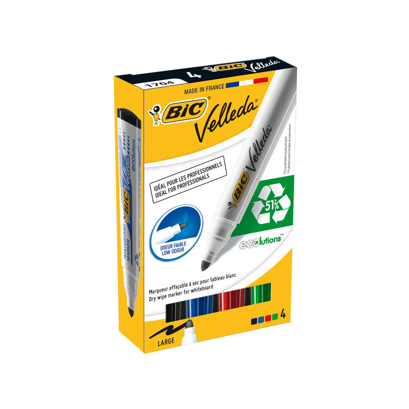 ASTUCCIO 4 MARCATORI P.TONDA Whiteboard VELLEDA© 1701 Recycled BIC©