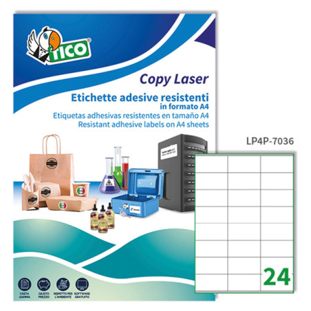 Poliestere adesivo LP4P bianco 70fg A4 70x36mm (24et/fg) laser Tico