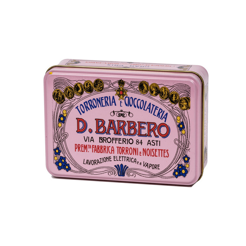 Scrigno regalo rosa in metallo con torroni bianchi friabili100gr Barbero