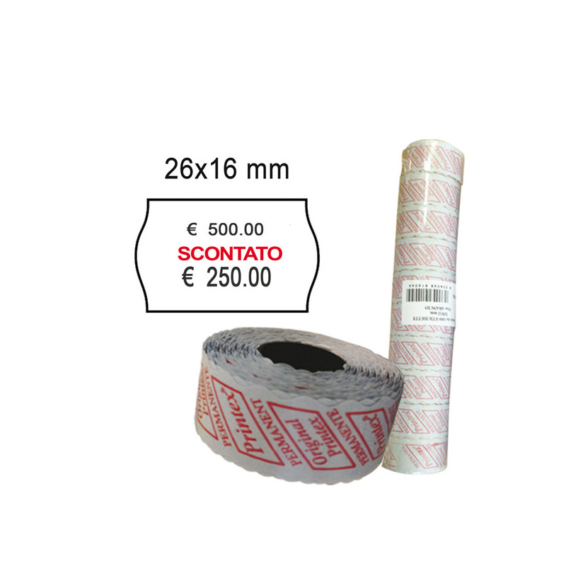 PACK 10 ROTOLI 1000 ETICH. 26x16mm ONDA "scontato" BIANCO PERM. Printex